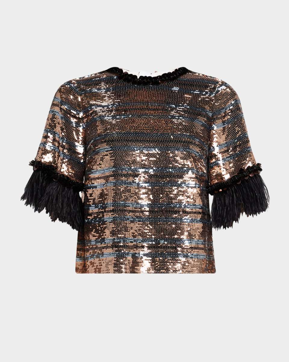 Sparkling Shine Feather-Cuff Sequin Blouse